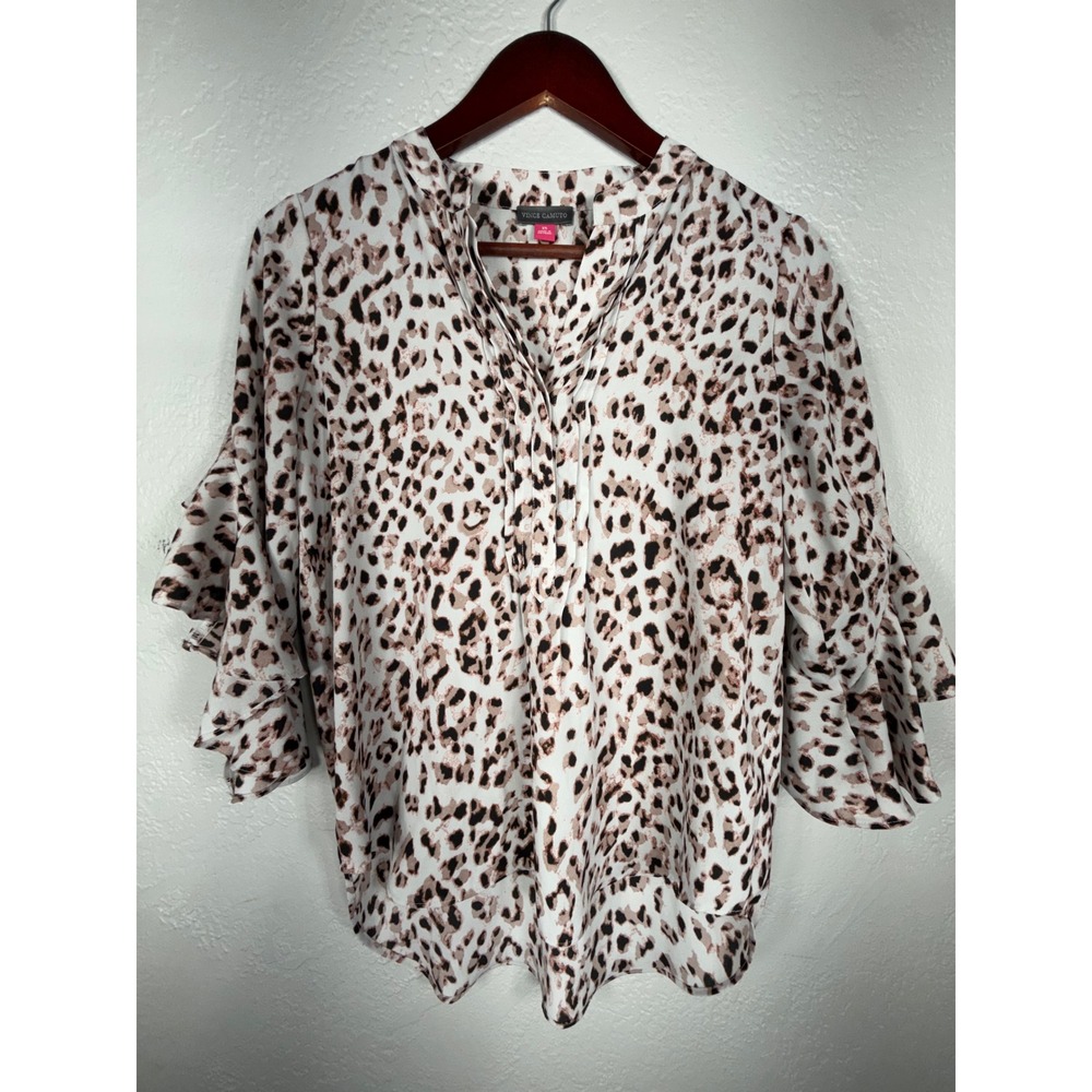 Vince Camuto Womens XS Leopard Print Ruffle Sleeve Split V-Neck Blouse Top White